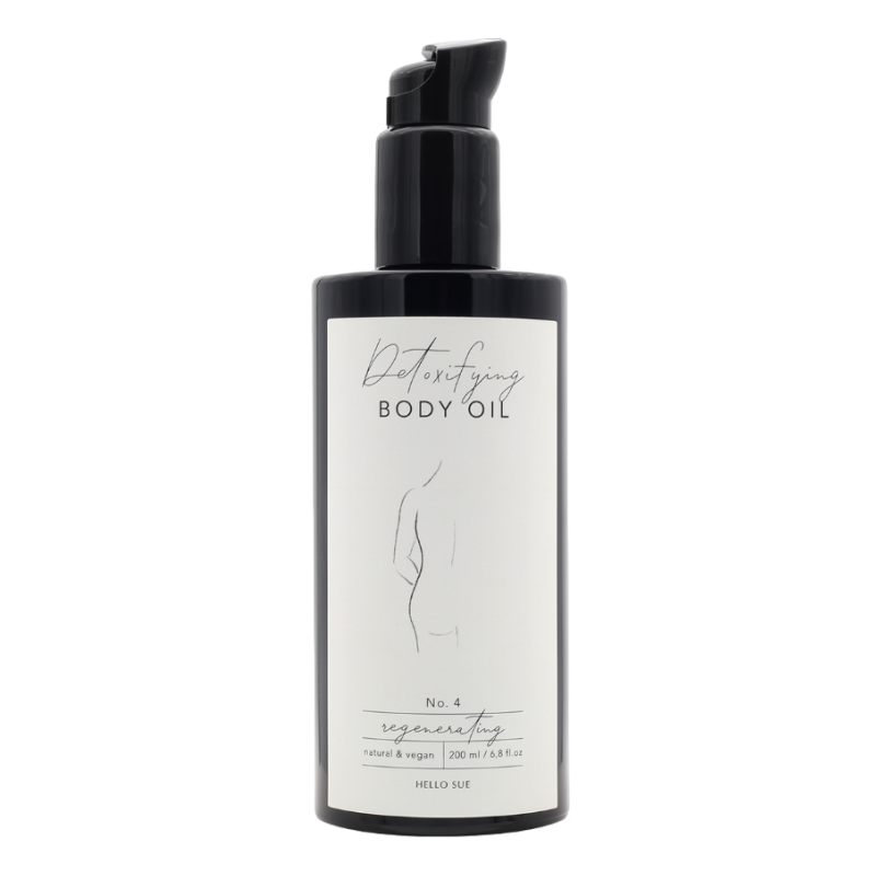 HELLO-SUE-NO-4-DETOXIFYING-BODY-OIL HELLO SUE No. 4 Detoxifying Body Oil, 200 ml, schwarzer Pumpspender, weißes Etikett mit minimalistischer Zeichnung eines Rückens.