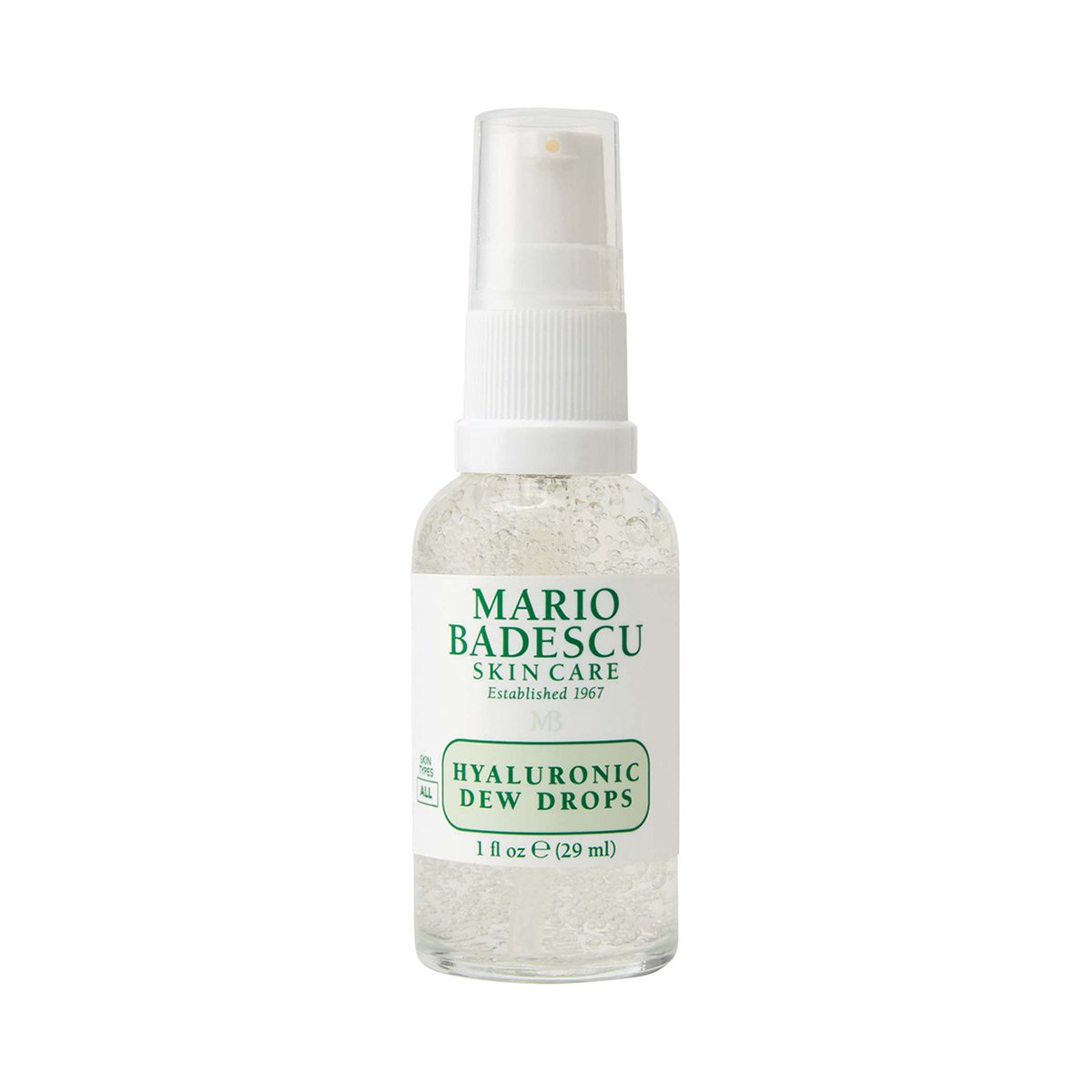 60427_0 Flasche Mario Badescu Hyaluronic Dew Drops, 29 ml, mit weißem Sprühkopf und grünem Etikett.