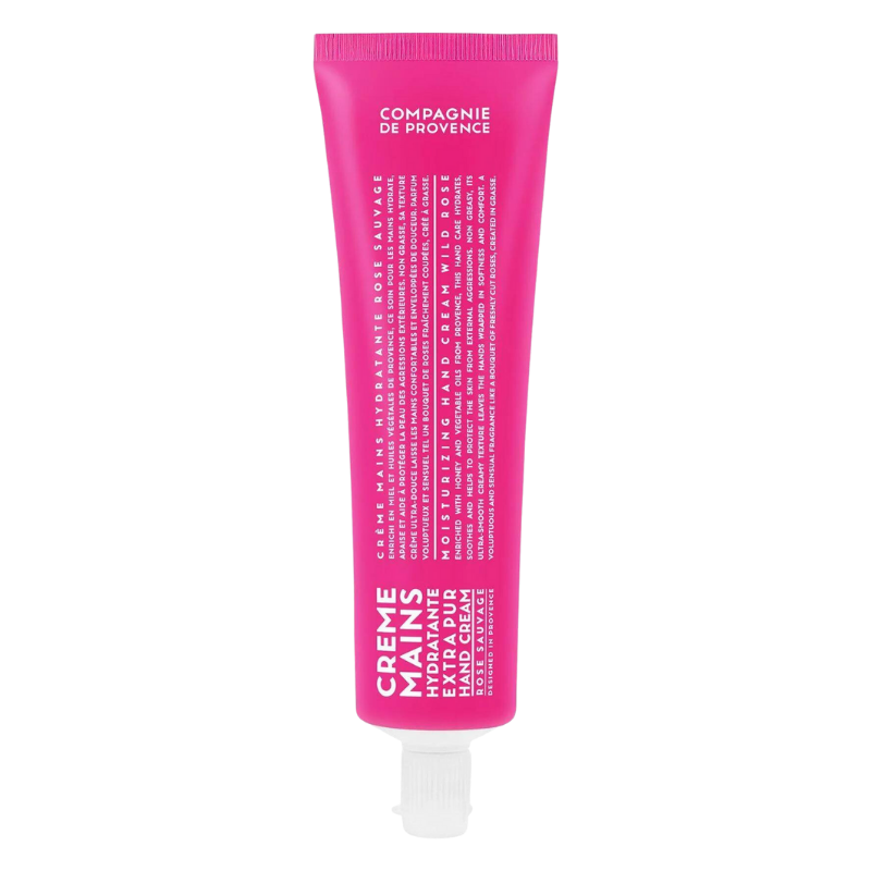Rosa Handcreme-Tube mit weißer Aufschrift 'CREME MAINS EXTRA PURE' und 'COMPAGNIE DE PROVENCE'.