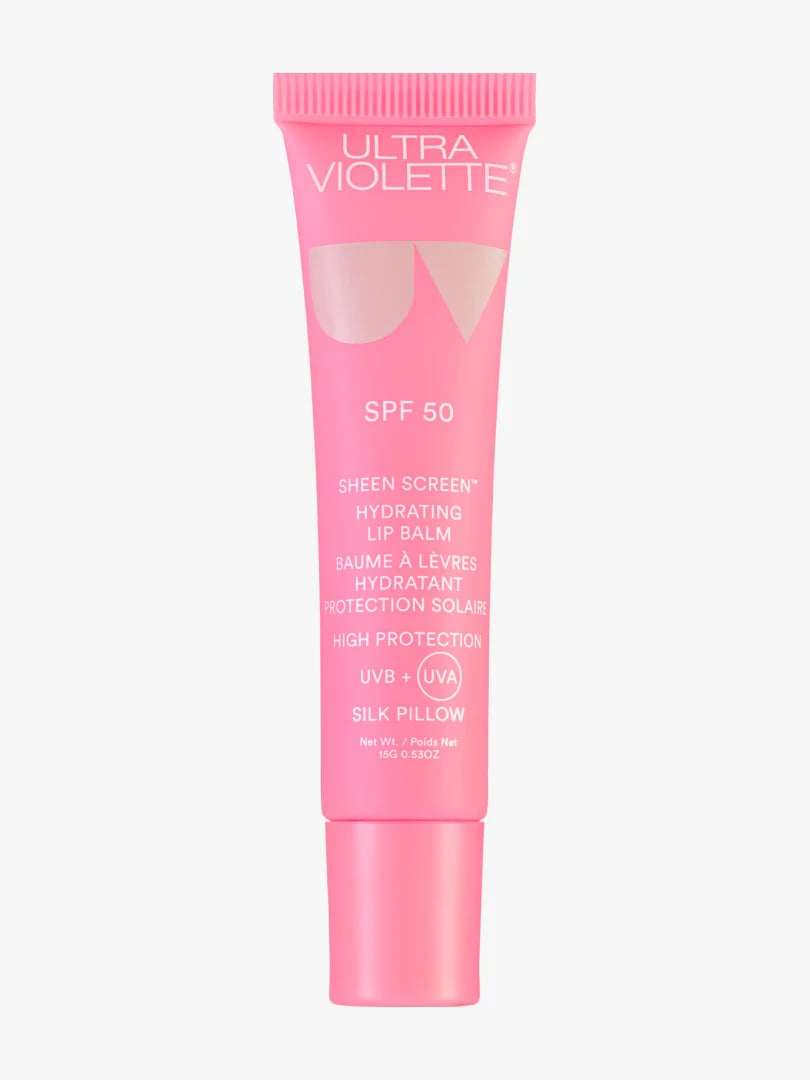 Rosa Lippenbalsam-Tube mit SPF 50 von Ultra Violette, 15g, auf weißem Hintergrund.