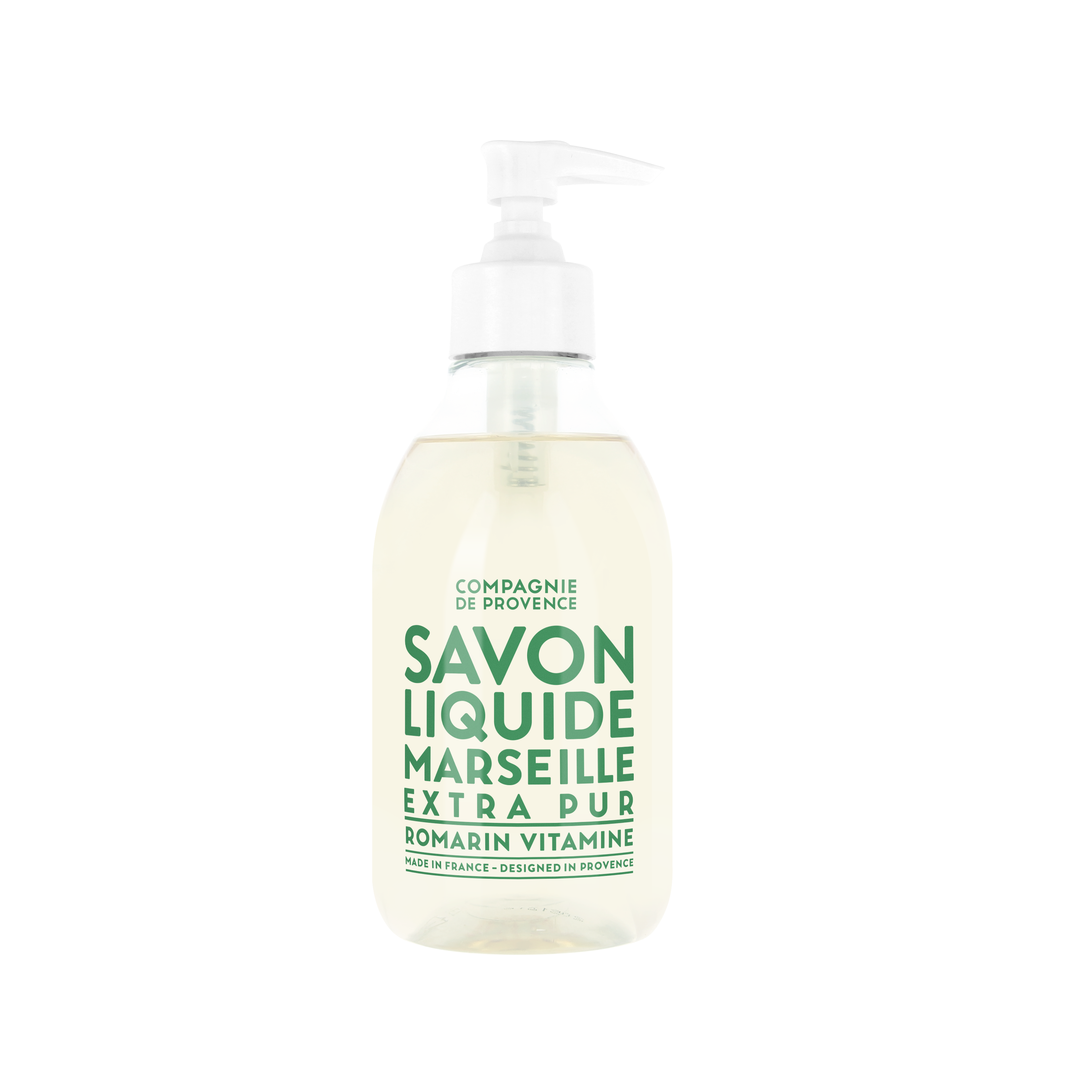 Flasche mit flüssiger Marseille-Seife, Extra Pur, Rosmarin, 300 ml, von Compagnie de Provence.