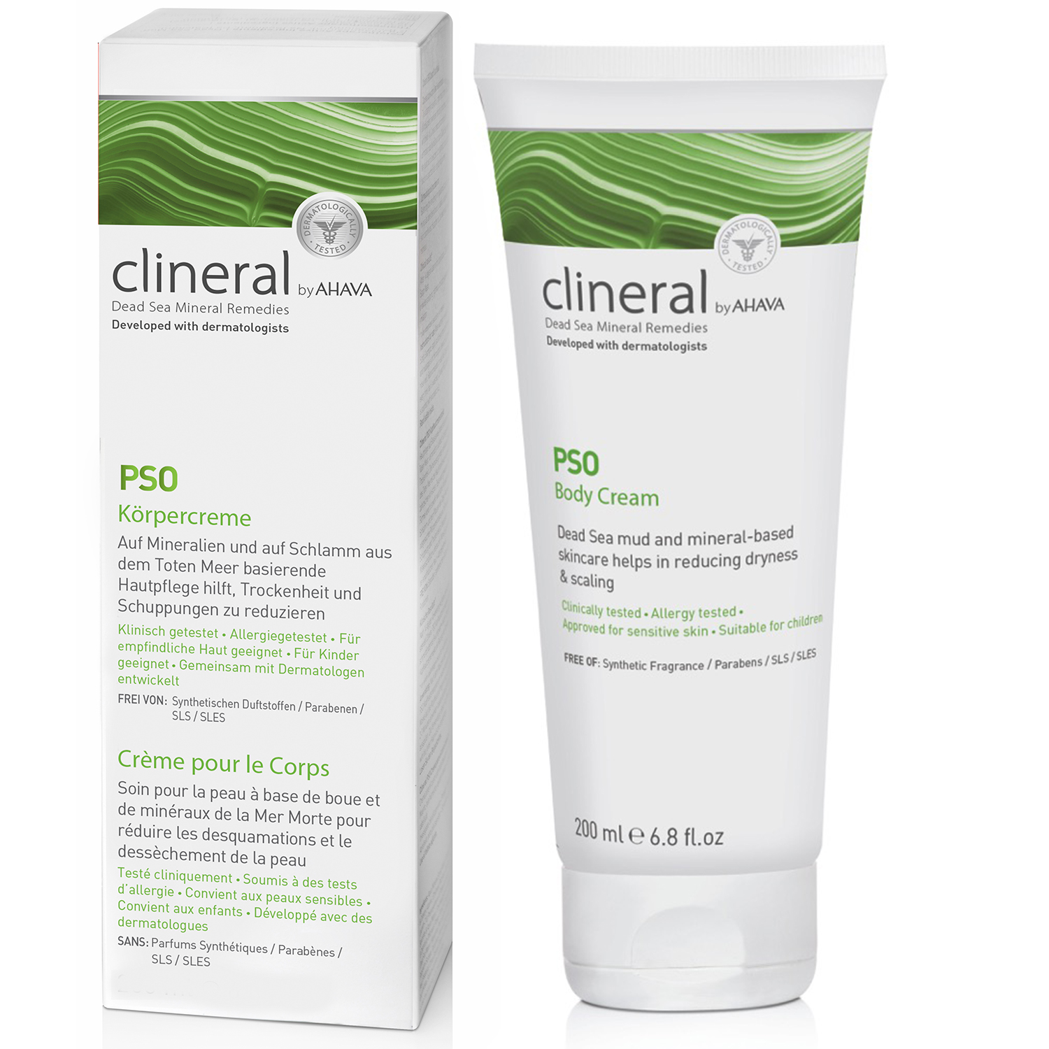 Clineral PSO Körpercreme von AHAVA, 200 ml Tube, entwickelt mit Dermatologen, hilft bei trockener und schuppiger Haut.