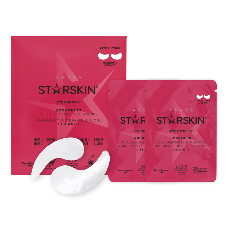 STARSKIN Eye Catcher Smoothing Bio-Cellulose Augenmasken, 2 Paar, rote Verpackung mit weißen Masken.