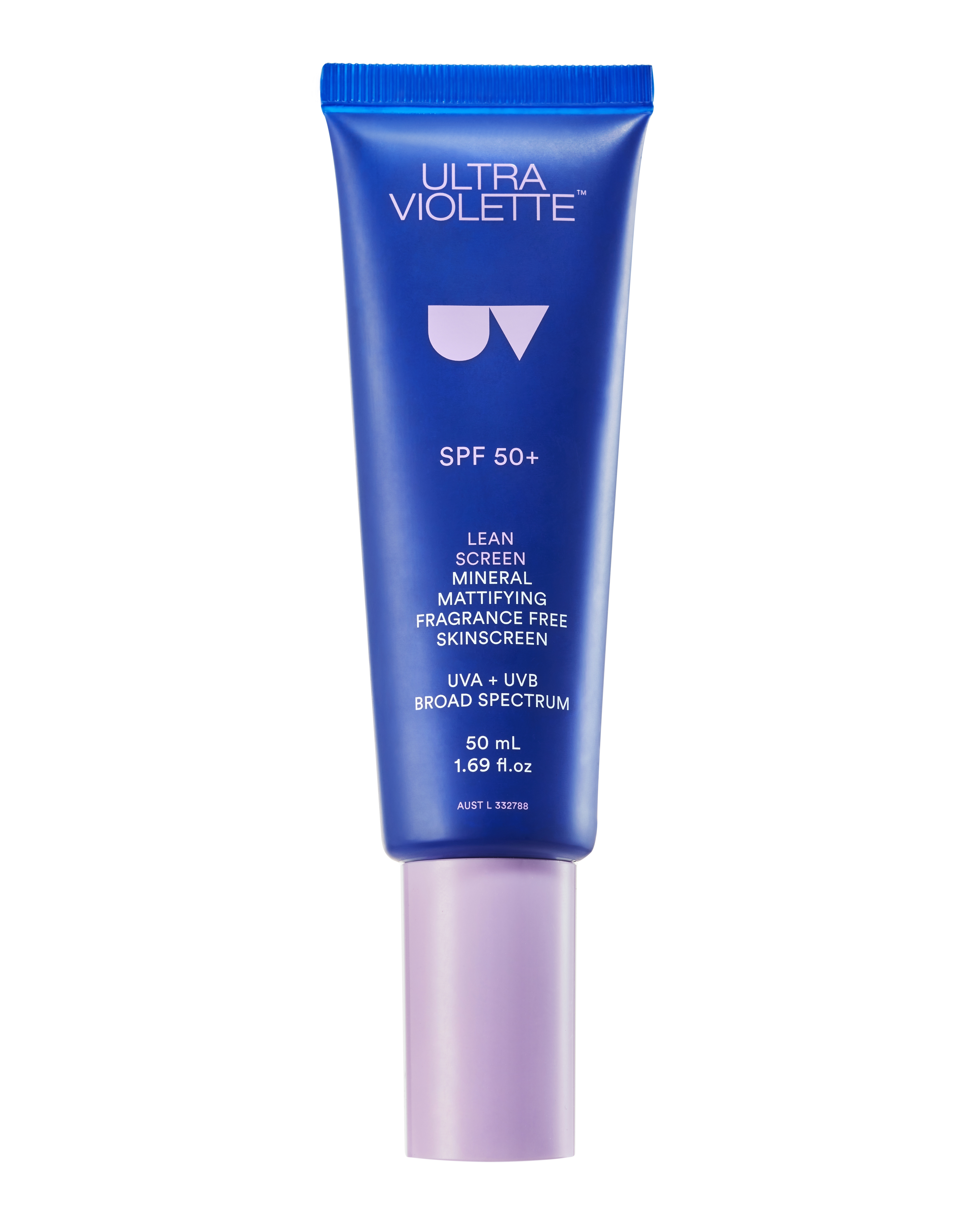 Blau-lila Tube Ultra Violette Lean Screen SPF 50+ Mineral Mattifying Fragrance Free Skincare, 50 ml.