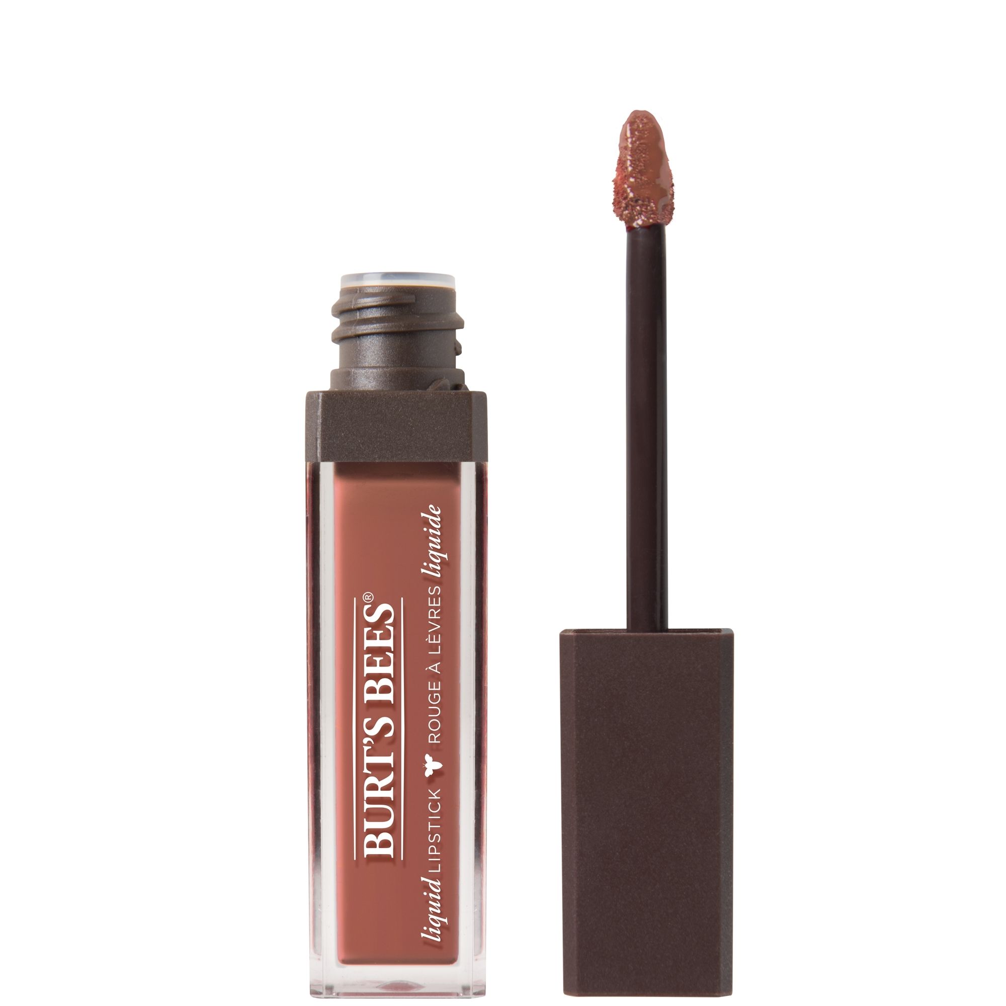 Burt's Bees flüssiger Lippenstift in brauner Farbe, geöffnete Verpackung mit Applikator.