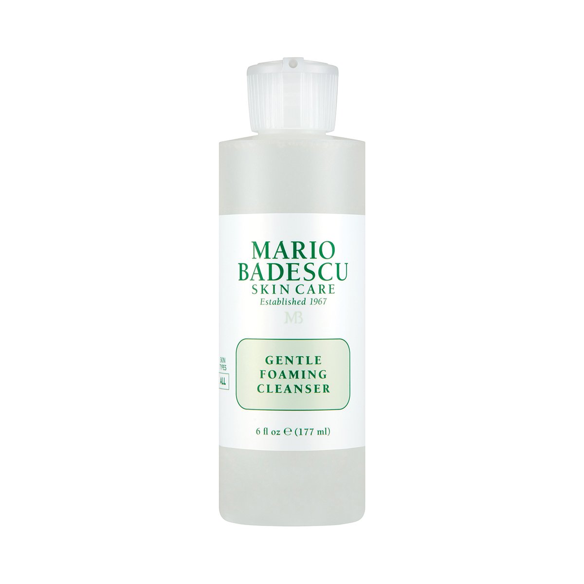 Flasche Mario Badescu Gentle Foaming Cleanser, 177 ml, weißes Etikett mit grüner Schrift.