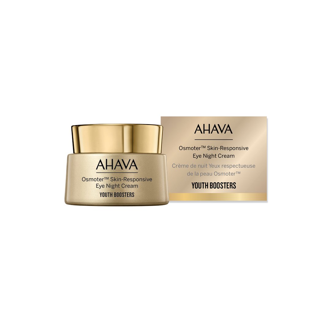 0697045163731 AHAVA Osmoter Skin-Responsive Eye Night Cream, goldene Dose und Verpackung, Produktbild.