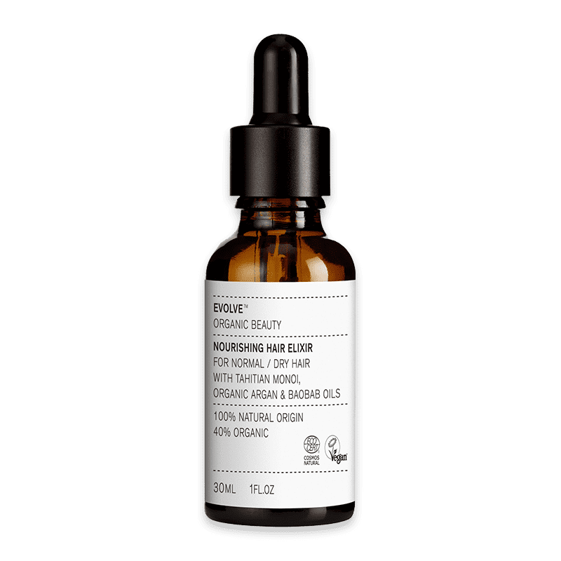 Evolve Organic Beauty Nourishing Hair Elixir, 30ml Flasche, für normales/trockenes Haar, mit Monoi, Argan- und Baobab-Ölen.