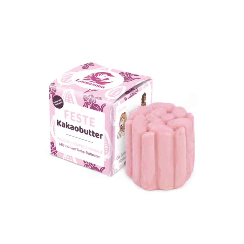 Feste Kakaobutter von Lamazuna in rosa Verpackung mit Iris- und Tonka-Duftnoten.