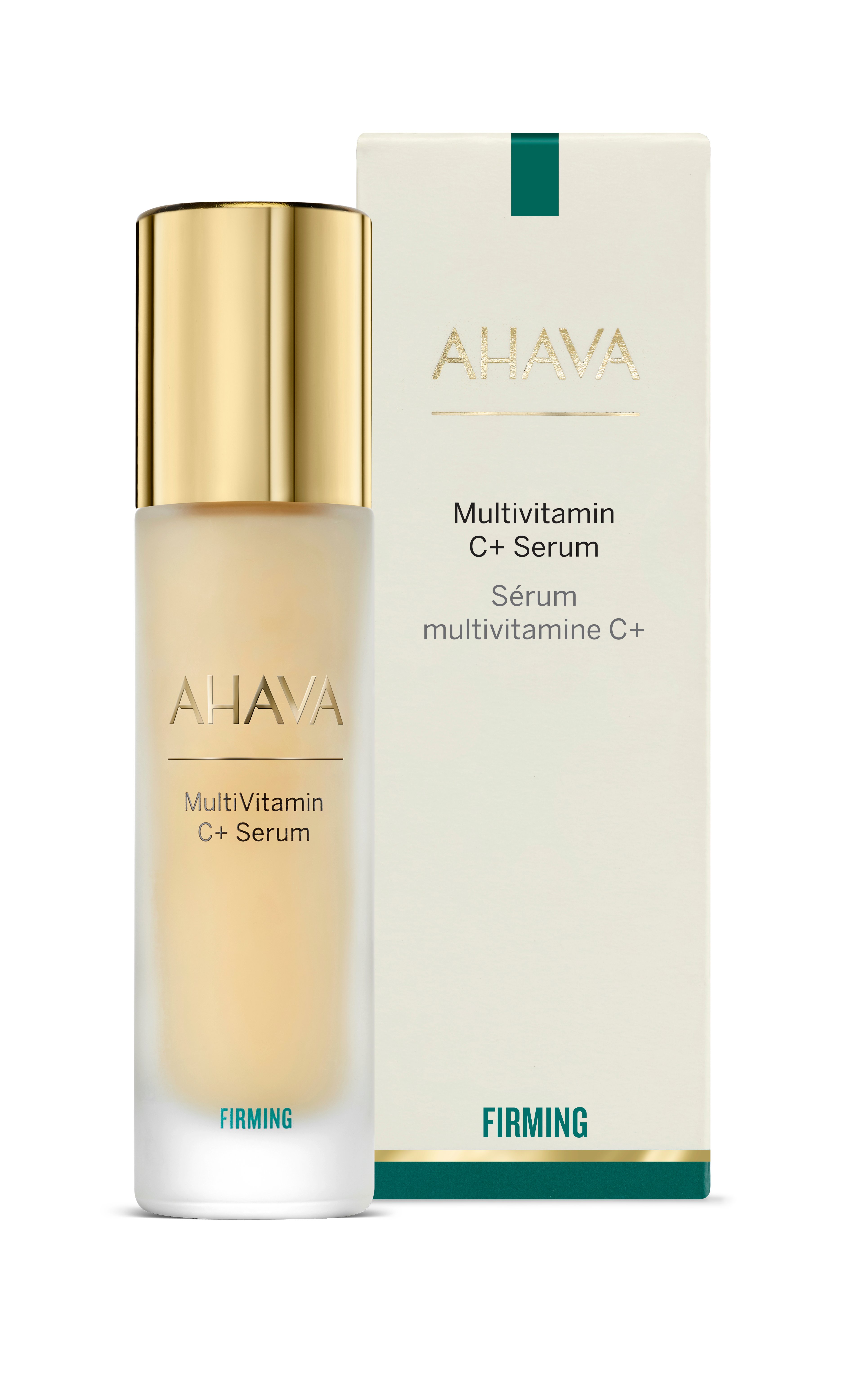 AHAVA Multivitamin C+ Serum in einer Glasflasche mit goldener Kappe, neben der Produktverpackung.