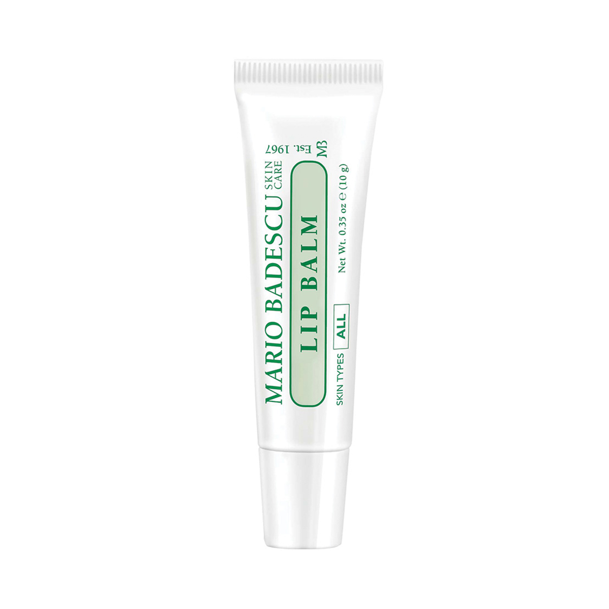 Weiße Tube mit grünem Aufdruck "Mario Badescu Lip Balm".