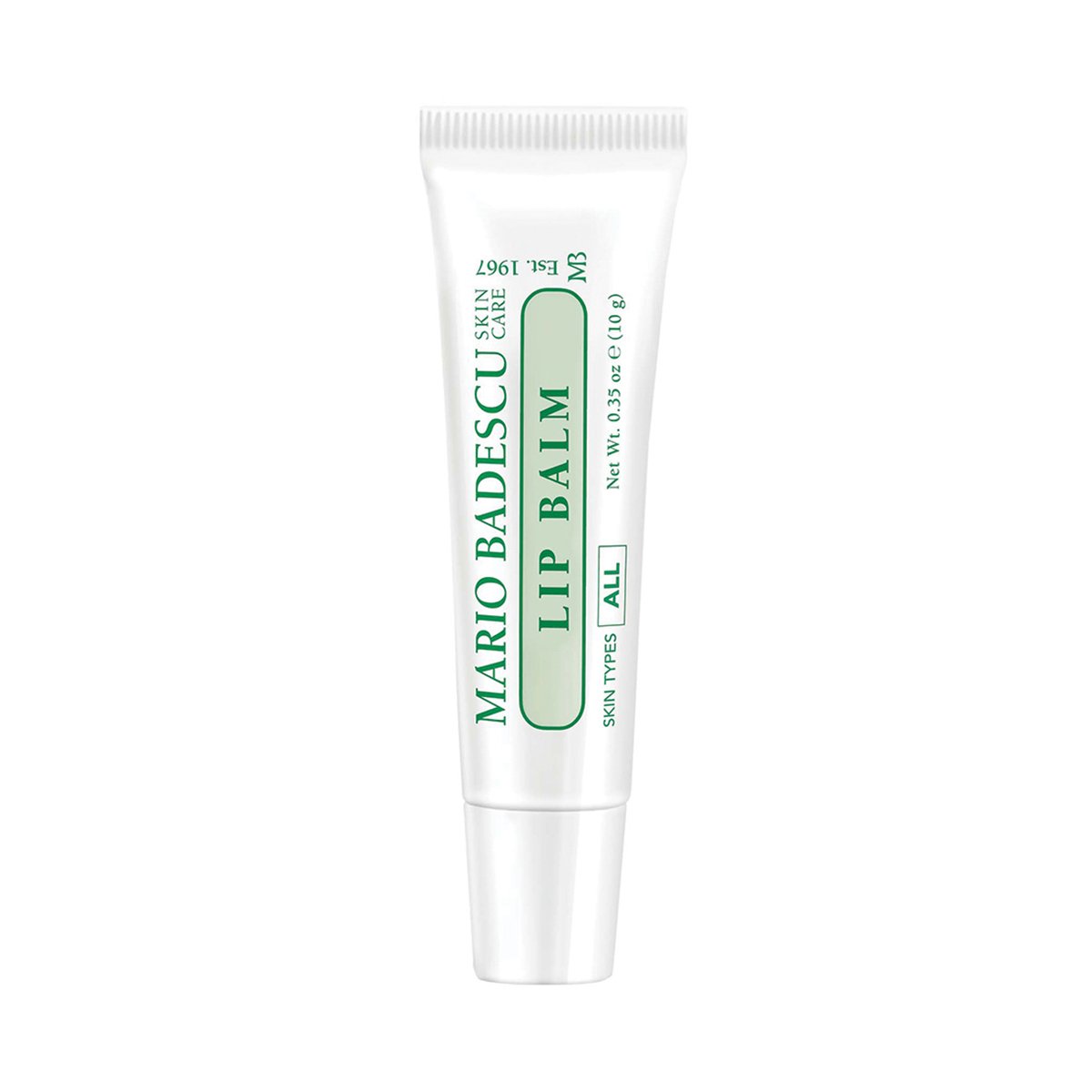 13442_0 Weiße Tube mit grünem Aufdruck "Mario Badescu Lip Balm".