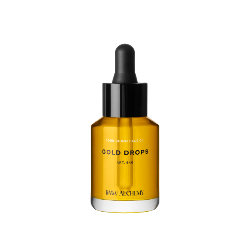RAAW ALCHEMY Gold Drops 30ml Gesichtsöl in einer braunen Glasflasche mit Pipette.