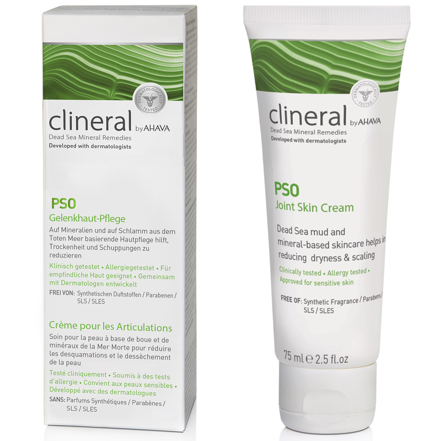 Clineral PSO Gelenkhaut-Pflege, 75 ml Tube und Verpackung, für trockene und schuppige Haut, entwickelt von Dermatologen.