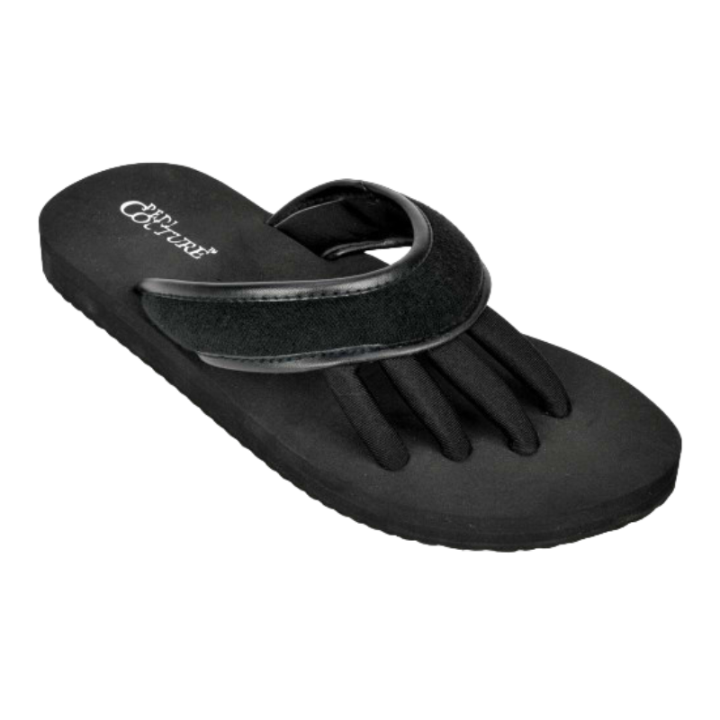 Schwarze Pediküre-Sandale mit separaten Zehenfächern, Marke Pedi Couture.