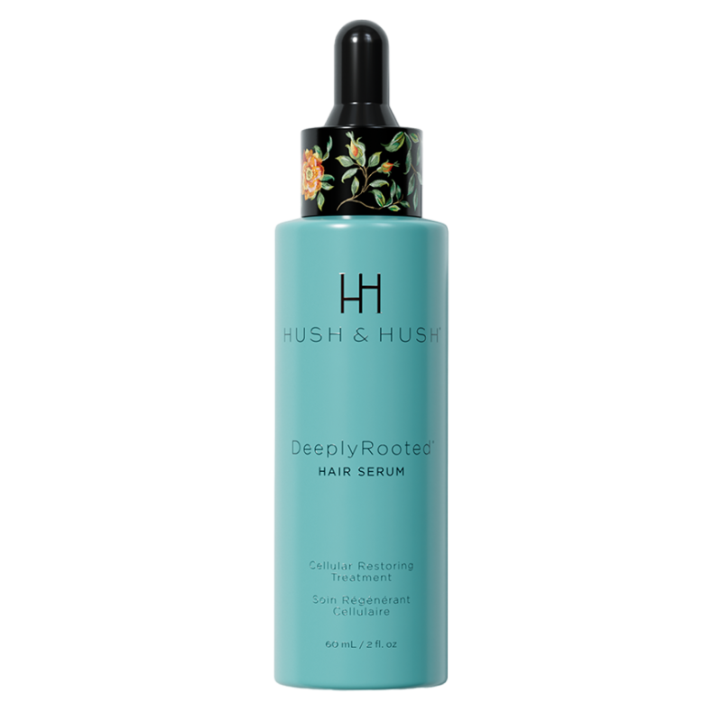 HUSH-HUSH-DEEPLYROOTED-HAIR-SERUM HUSH & HUSH DeeplyRooted Hair Serum, 60 ml, zellregenerierende Behandlung in türkisfarbener Flasche mit schwarzem Tropfverschluss.