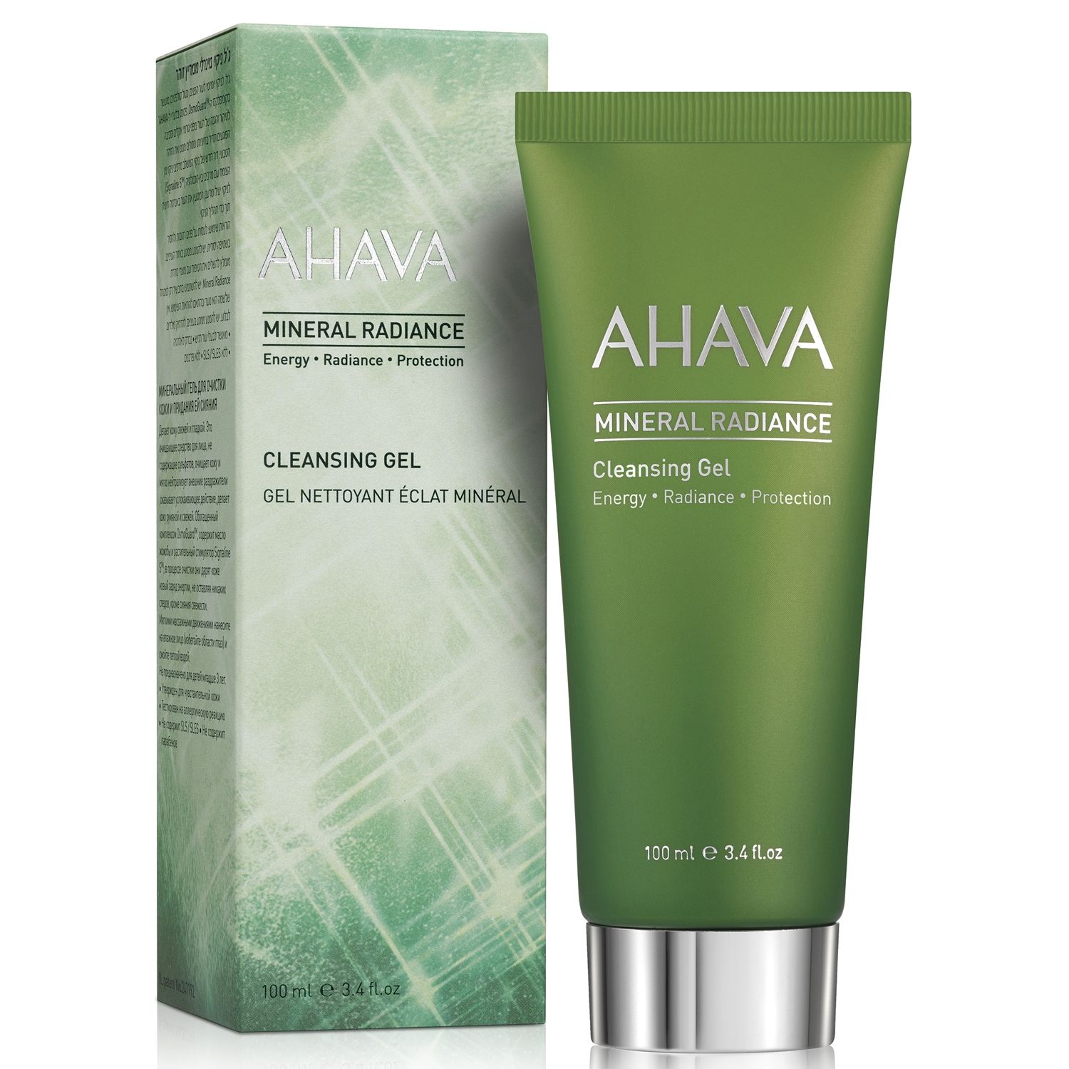 AHAVA Mineral Radiance Cleansing Gel, 100 ml Tube und Verpackung, grün.