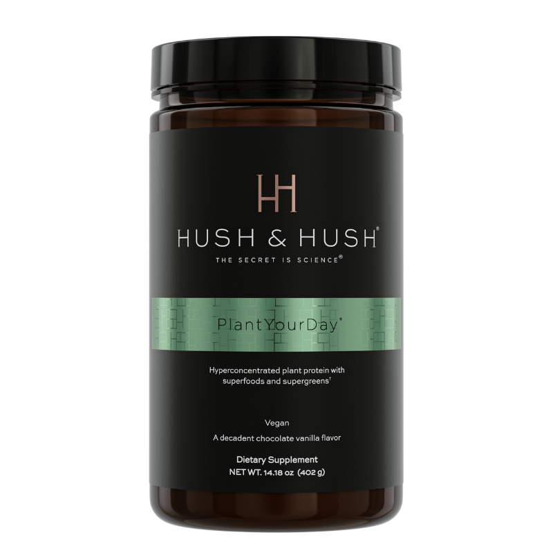 HUSH-HUSH-PLANTYOURDAY-1_3 Hush & Hush PlantYourDay Nahrungsergänzungsmittel, veganes Proteinpulver mit Superfoods, 402g, Schokoladen-Vanille-Geschmack.