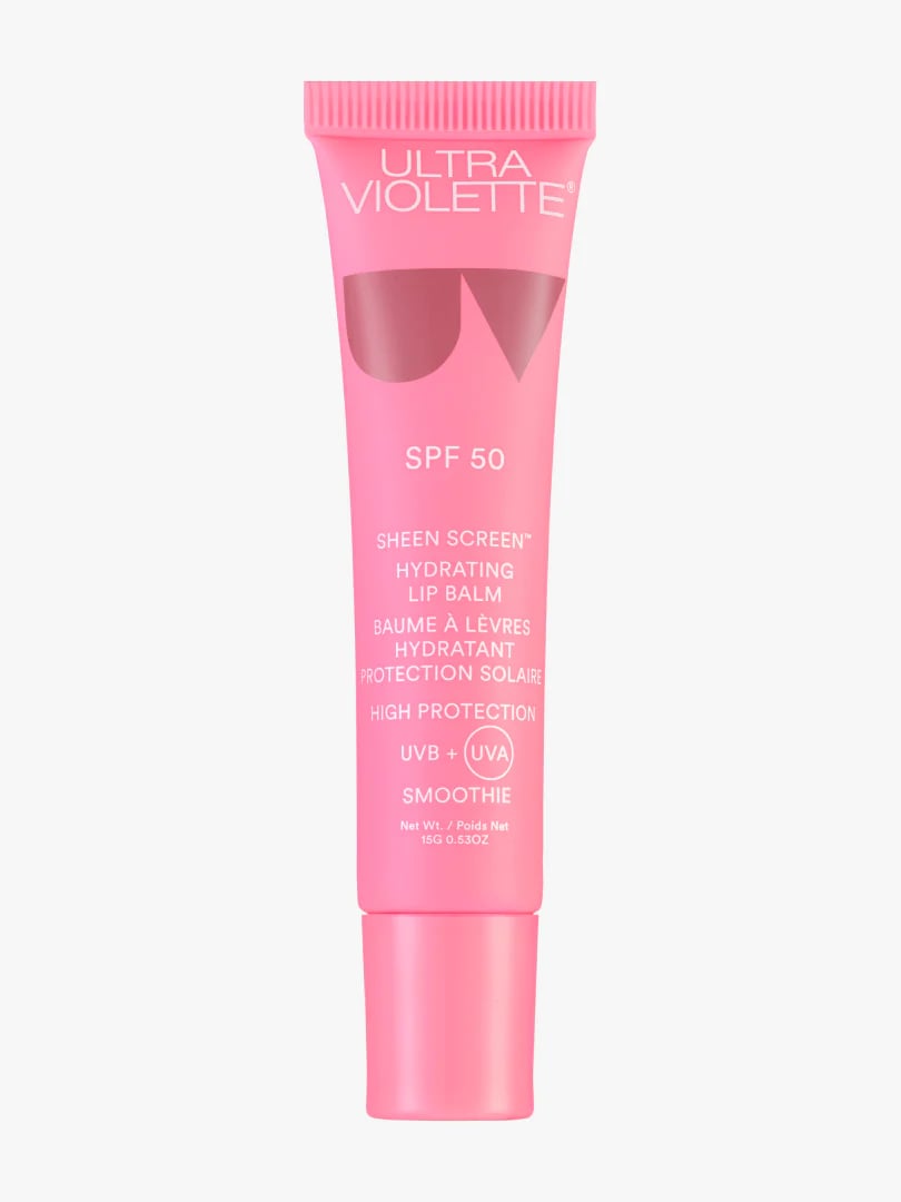 Rosa Lippenbalsam-Tube mit SPF 50 von Ultra Violette, beschriftet mit 'Sheen Screen Hydrating Lip Balm'.