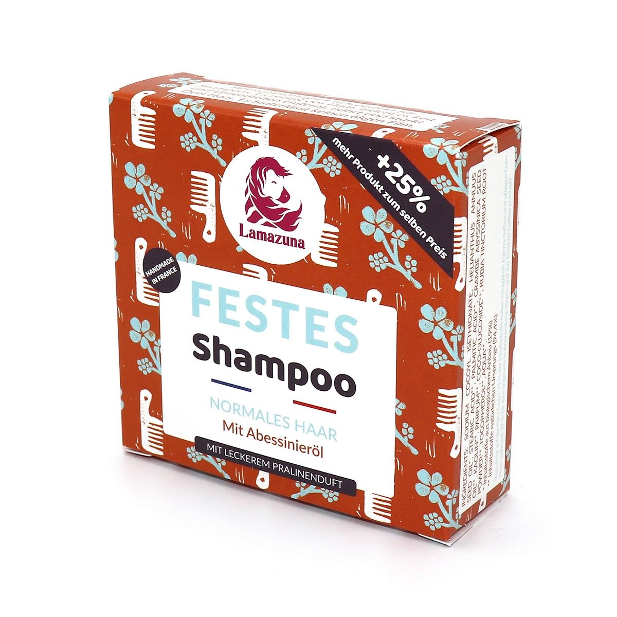 Verpackung von Lamazuna festes Shampoo für normales Haar mit Abessinieröl und Pralinenduft.