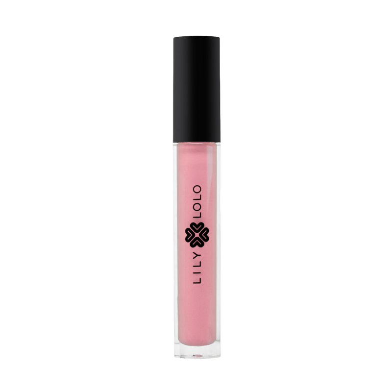 LILY-LOLO-LIP-GLOSS-WHISPER Lily Lolo Lip Gloss in der Farbe Whisper, in einer transparenten Tube mit schwarzem Deckel.