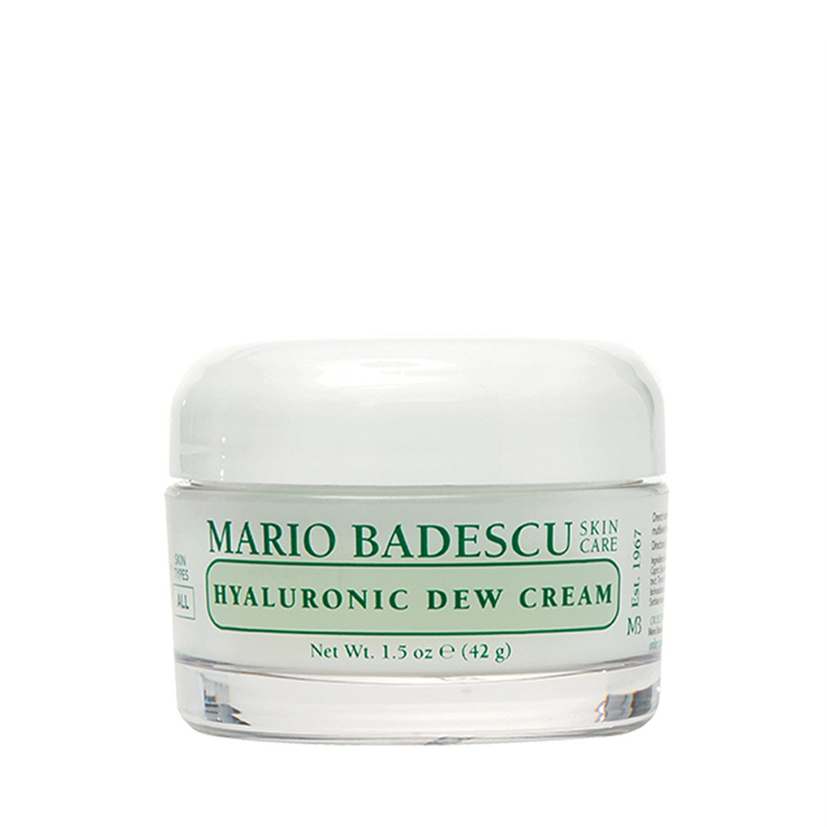 40405_0 Glasbehälter mit Mario Badescu Hyaluronic Dew Cream, 42g. Weiße Verpackung mit grünem Text.