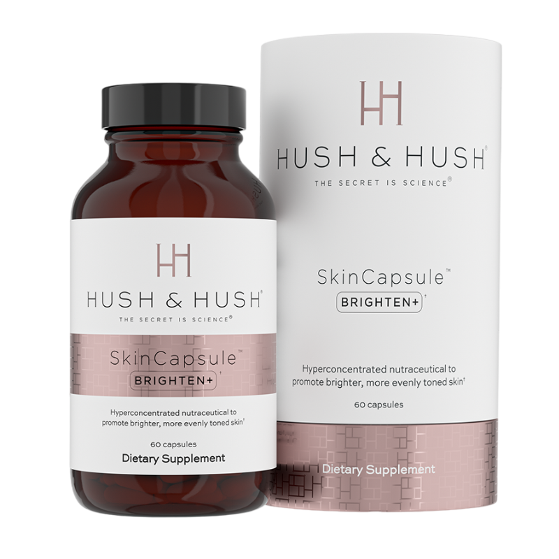 HUSH-HUSH-SKINCAPSULE-BRIGHTEN-1_2 HUSH & HUSH SkinCapsule BRIGHTEN+ Nahrungsergänzungsmittel, 60 Kapseln, zur Förderung eines gleichmäßigeren Hauttons.