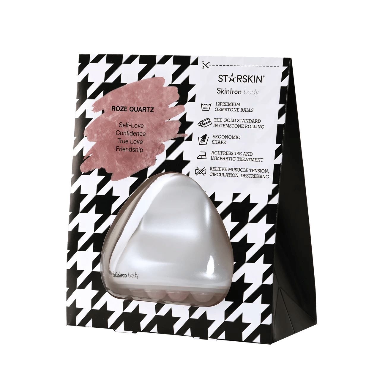 231128_SkinIron_Body_1296x Produktbild des Starskin SkinIron Body mit Verpackung, die Eigenschaften wie Selbstliebe, Vertrauen und Freundschaft hervorhebt.
