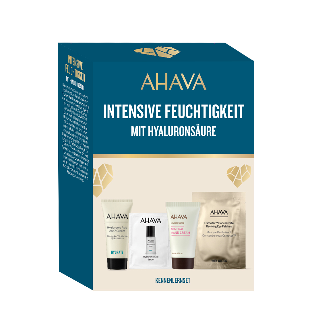 Verpackung von AHAVA Intensive Feuchtigkeit mit Hyaluronsäure Kennenlernset, bestehend aus vier Pflegeprodukten.