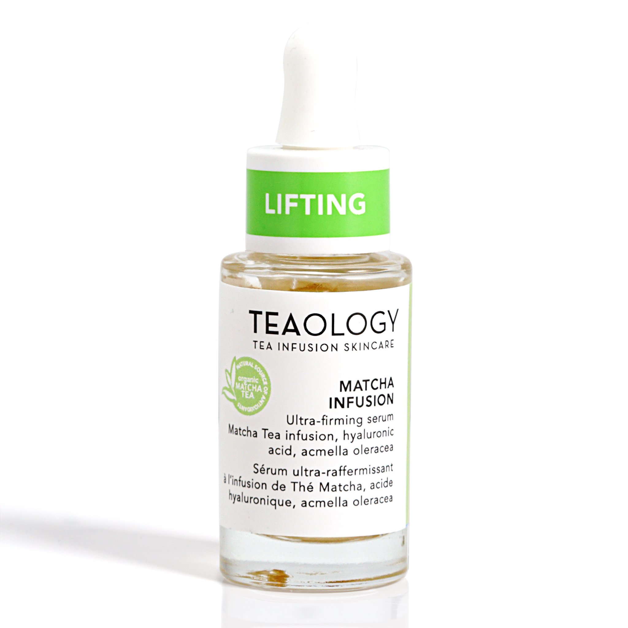 Flasche Teaology Matcha Infusion Serum mit Pipette und grünem 'Lifting'-Etikett.