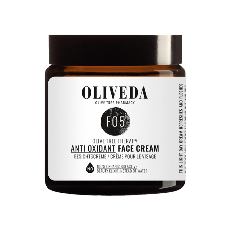 OLIVEDA F05 Anti-Oxidant Gesichtscreme in braunem Glasbehälter mit weißem Etikett und schwarzem Deckel.