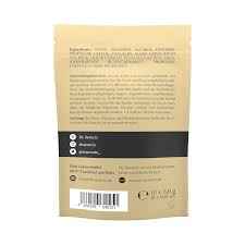Rückseite einer beige Verpackung mit Zutatenliste und Barcode.
