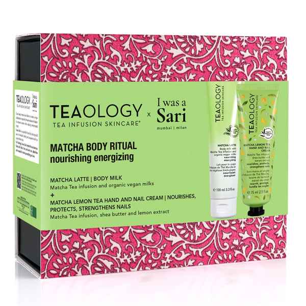 Tealogy Matcha Body Ritual Set mit Body Milk und Handcreme, rosa Verpackung mit weißem und grünem Text.