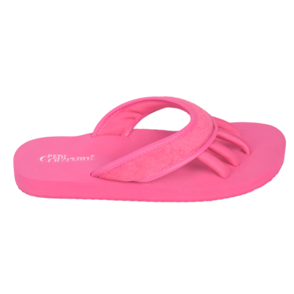 Rosa Pediküre-Sandale mit Zehentrenner und weichem Frottee-Material.