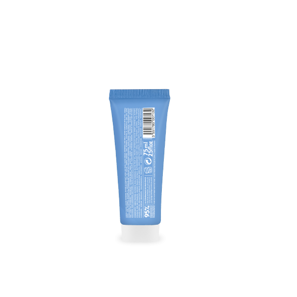 Rückseite einer blauen 75ml Handcreme-Tube mit Barcode und Produktinformationen.