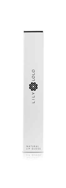 Weiße Verpackung von Lily Lolo Natural Lip Gloss mit schwarzem Logo und Text.