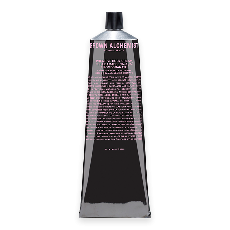 Grown Alchemist Intensive Body Cream 120 ml in einer silbernen Tube mit schwarzem Deckel und rosa Schrift.