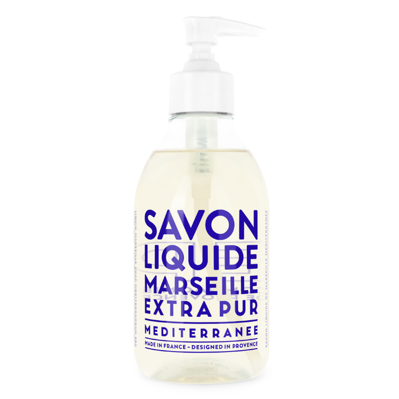 Flasche mit flüssiger Seife aus Marseille, 300 ml, Duft Mediterranees Meer, hergestellt in Frankreich, Design aus der Provence.
